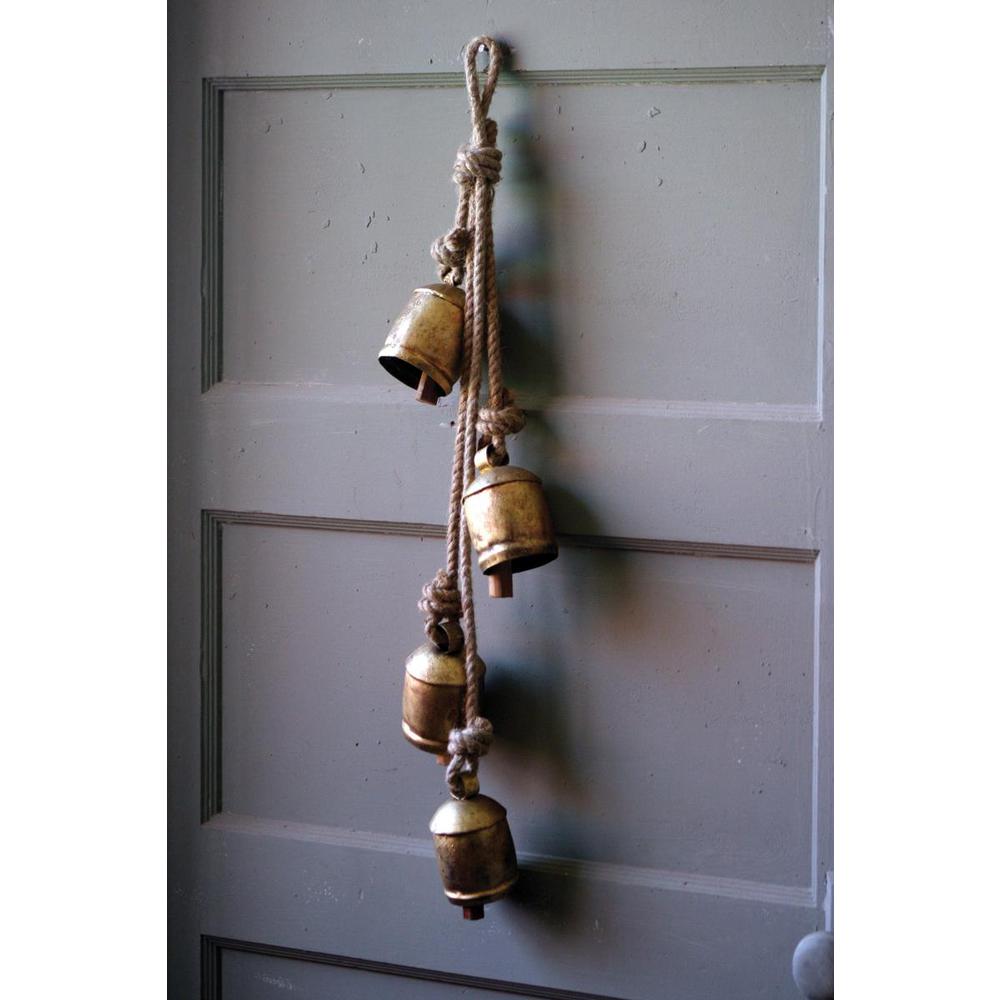 Four Rustic Iron Hanging Bells With Rope. Picture 1