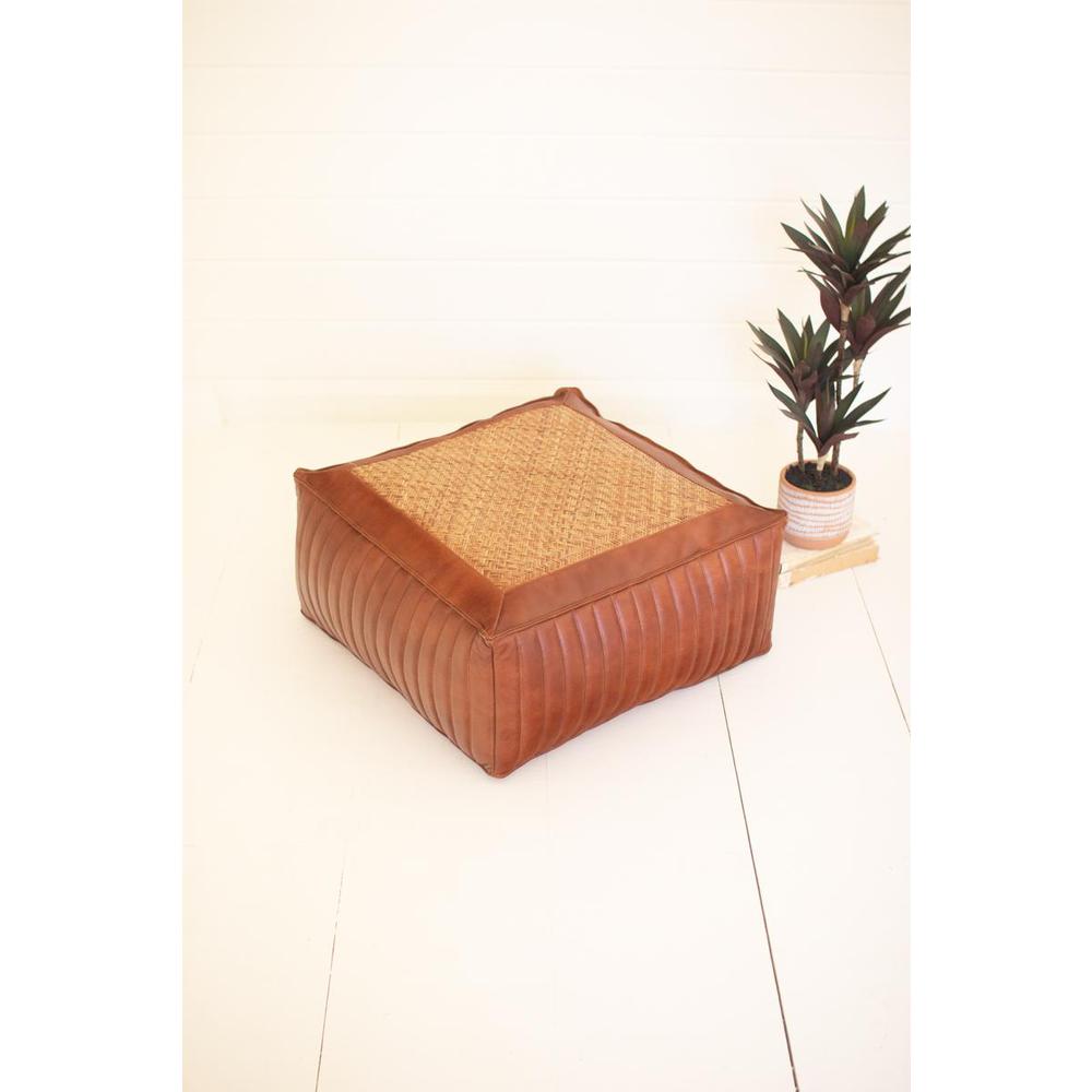 Square Pouf With Leather And Woven Cane. Picture 4