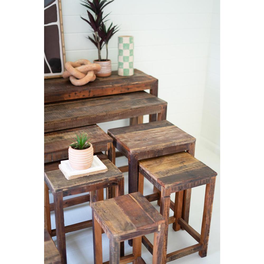 Set Of Nine Recycled Wood Display Tables. Picture 3