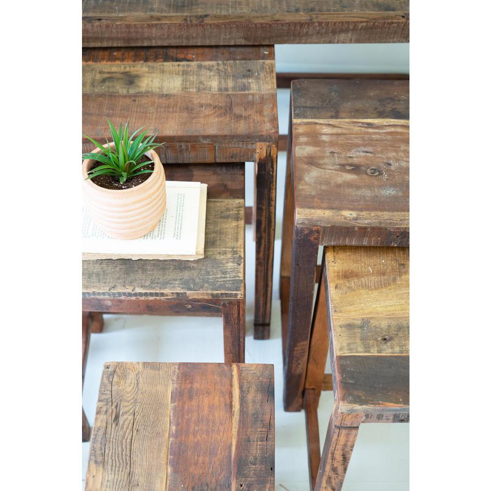 Set Of Nine Recycled Wood Display Tables. Picture 4