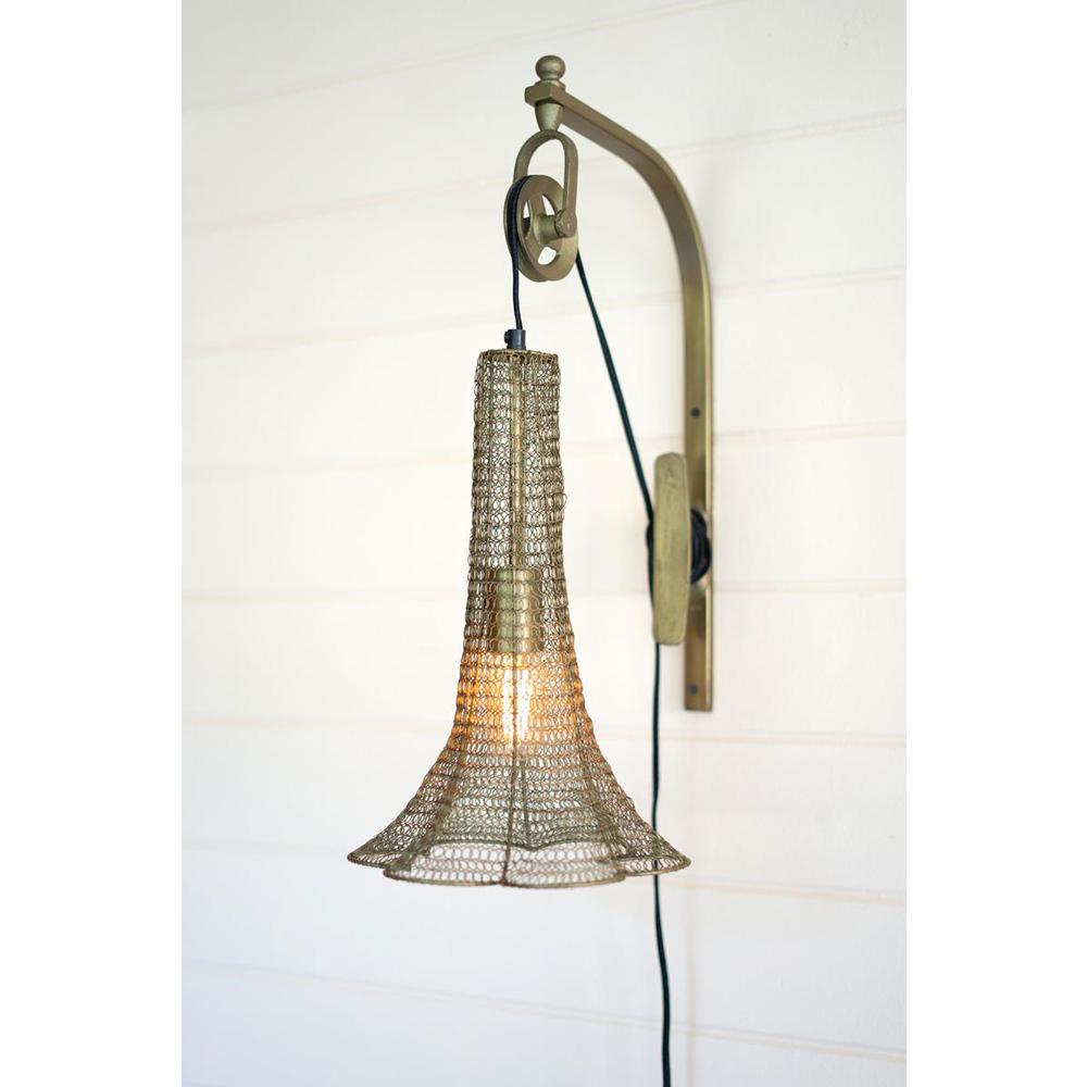 Antique Brass Pulley Wall Lamp With Wire Brass Shade. Picture 1