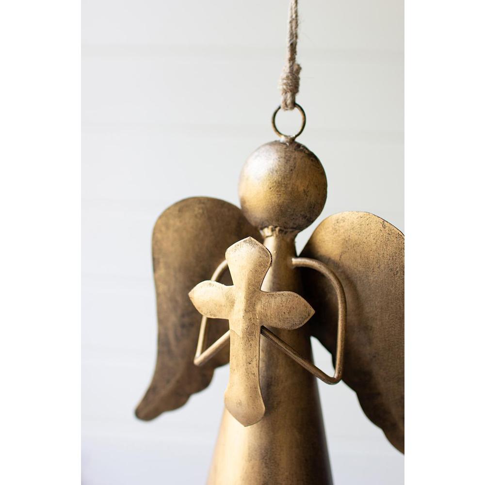 Antique Brass Angel Door Hanger Holding A Cross. Picture 3