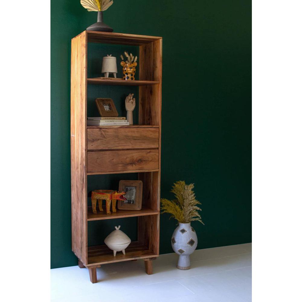 Tall Acacia Wood Cabinet With Two Drawers. Picture 5