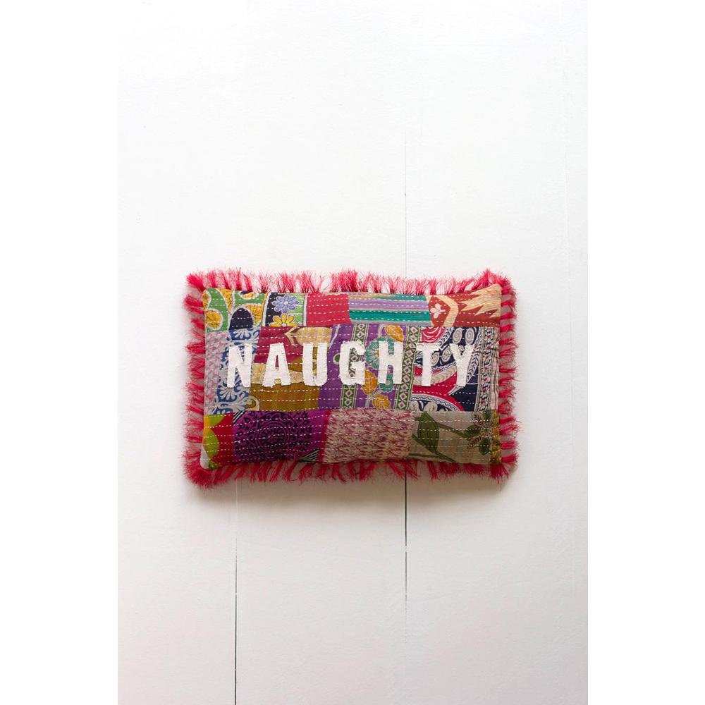 Naughty/Nice Christmas Kantha Pillow. Picture 1