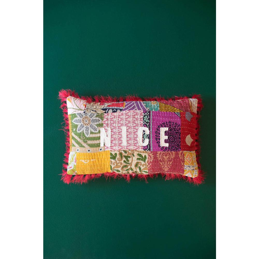 Naughty/Nice Christmas Kantha Pillow. Picture 3