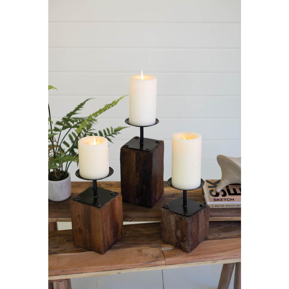 Set Of Three Recycled Wood Candle Holders. Picture 6