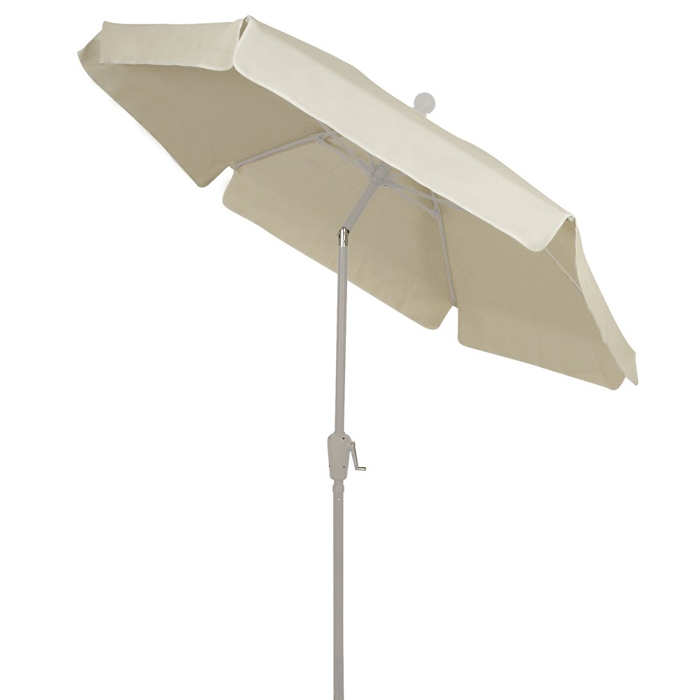 7.5' Hex Home Garden Tilt  Umbrella 6 Rib Crank White with Natural Vinyl Coated Weave Canopy. Picture 1