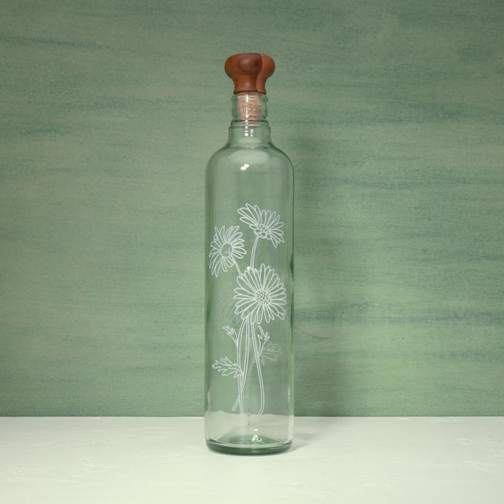 Daisy Glass Water Bottle With Wooden Stopper. Picture 1