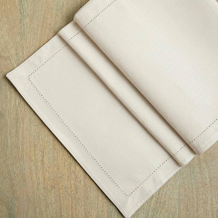 Classic Beige Cotton Border Stitch Table Runner. Picture 1