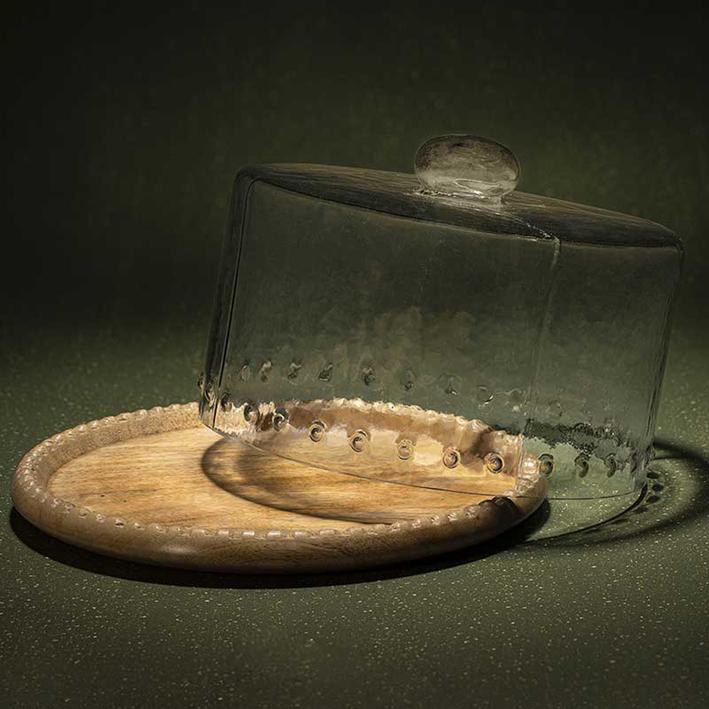 Leaf Glass Cloche With Wooden Base-Dia 9.75". Picture 1