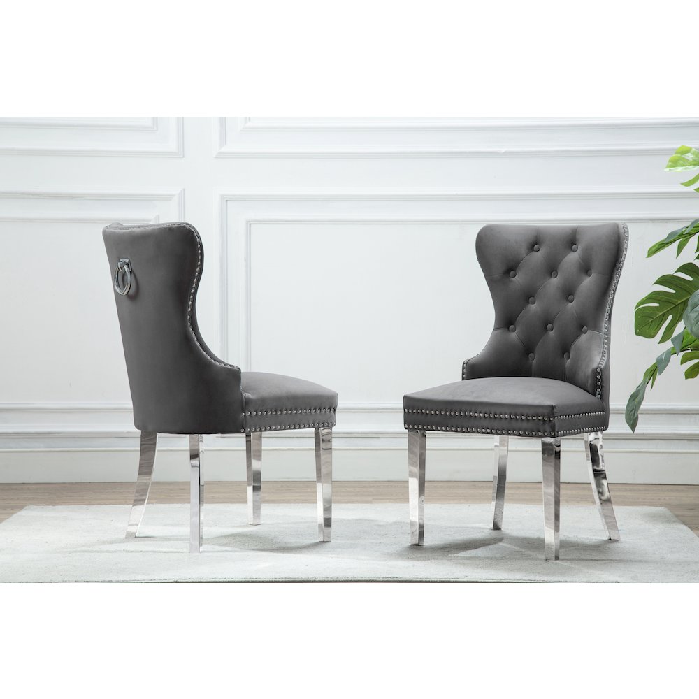 Velvet Tufted Dining Chair, Stainless Steel Legs (Set of 2) - Grey. Picture 1