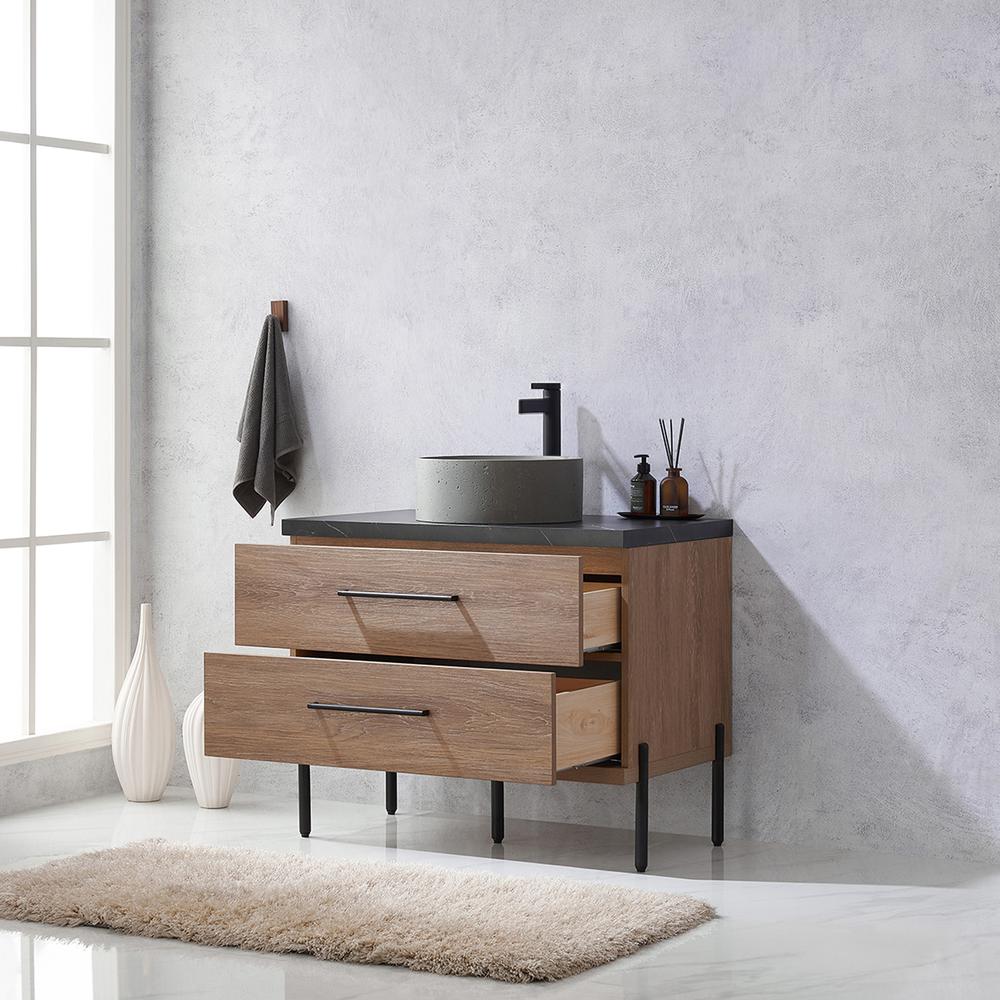 Single Sink Bath Vanity with Black Sintered Stone Top with Concrete Sink. Picture 6