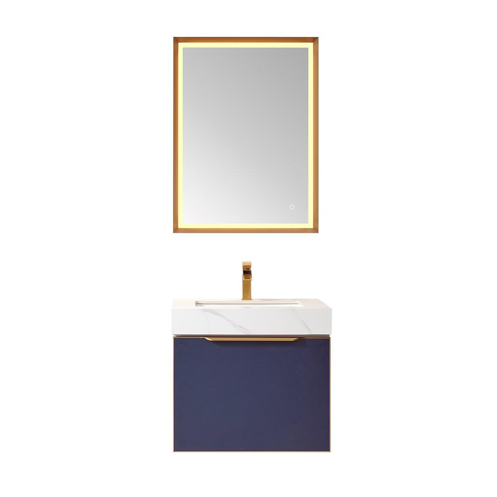 Single Sink Bath Vanity in Blue with White Sintered Stone Top and Mirror. Picture 2