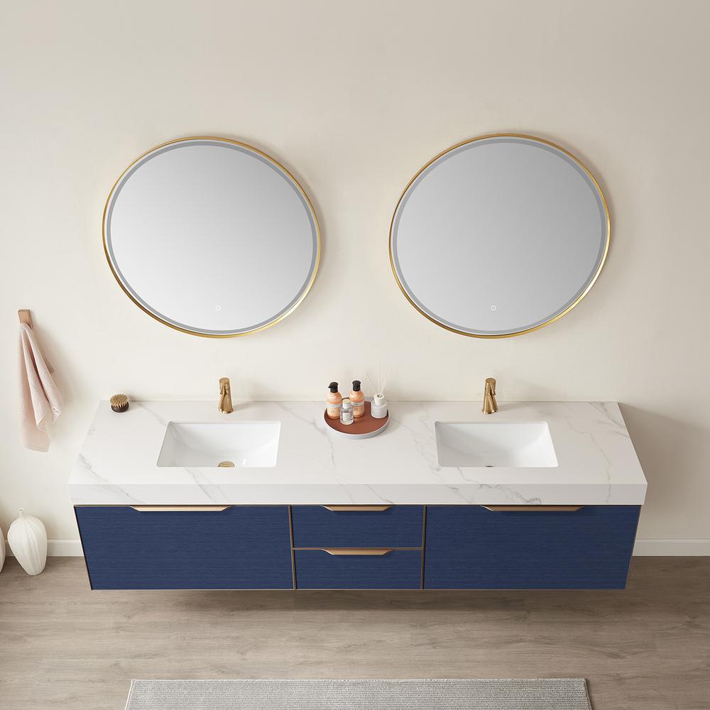 Double Sink Bath Vanity in Blue with White Sintered Stone Top and Mirror. Picture 7