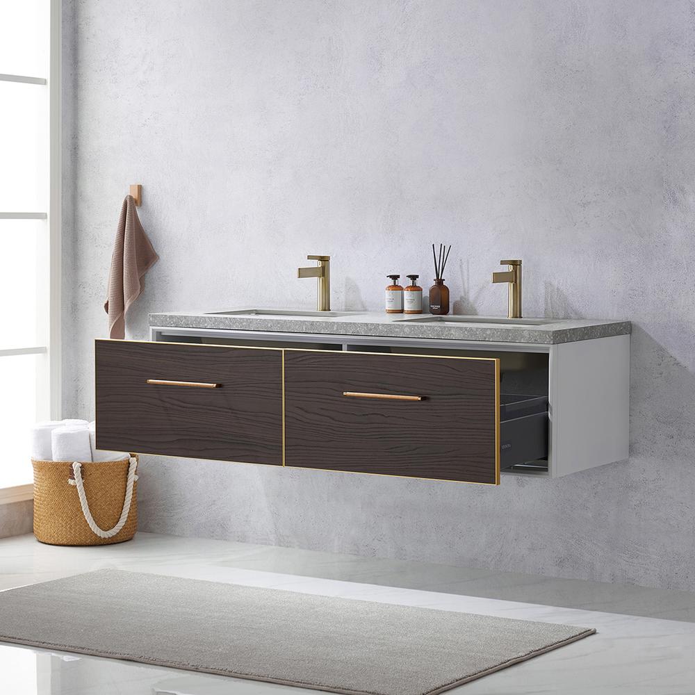 Double Sink Bath Vanity in Dark Walnut  with Grey Sintered Stone Top. Picture 6