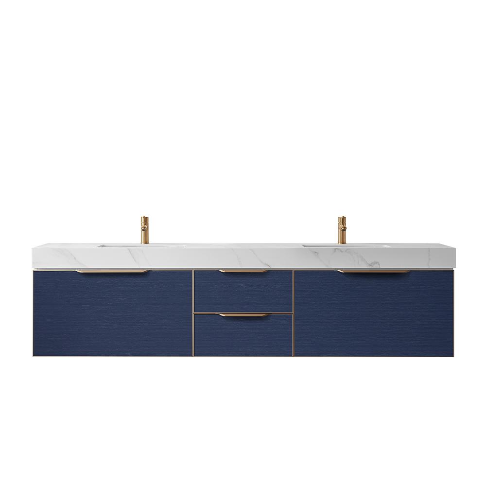 Alicante 84" Double Sink Bath Vanity in Blue with White Sintered Stone Top. Picture 1