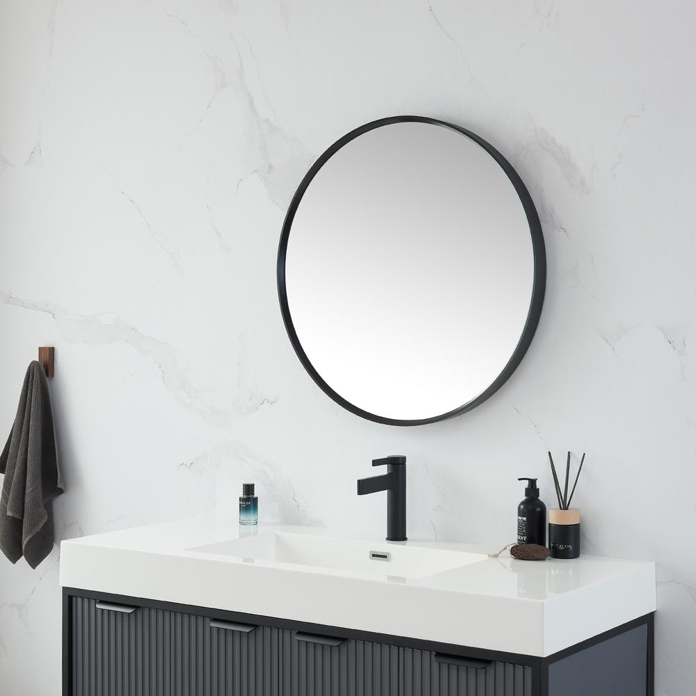 Cascante 28 in. W x 28 in. H Round Metal Wall Mirror in Brushed Black. Picture 4