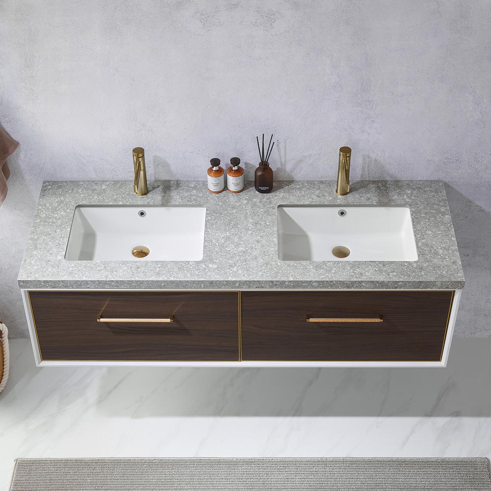 Double Sink Bath Vanity in Dark Walnut  with Grey Sintered Stone Top. Picture 7