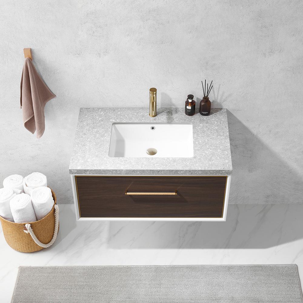 Single Sink Bath Vanity in Dark Walnut  with Grey Sintered Stone Top. Picture 7
