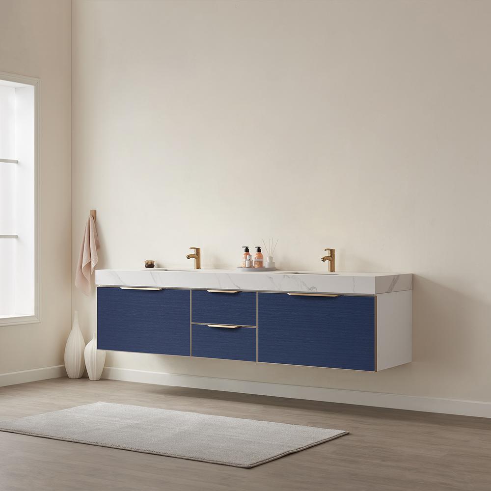 Alicante 84" Double Sink Bath Vanity in Blue with White Sintered Stone Top. Picture 8