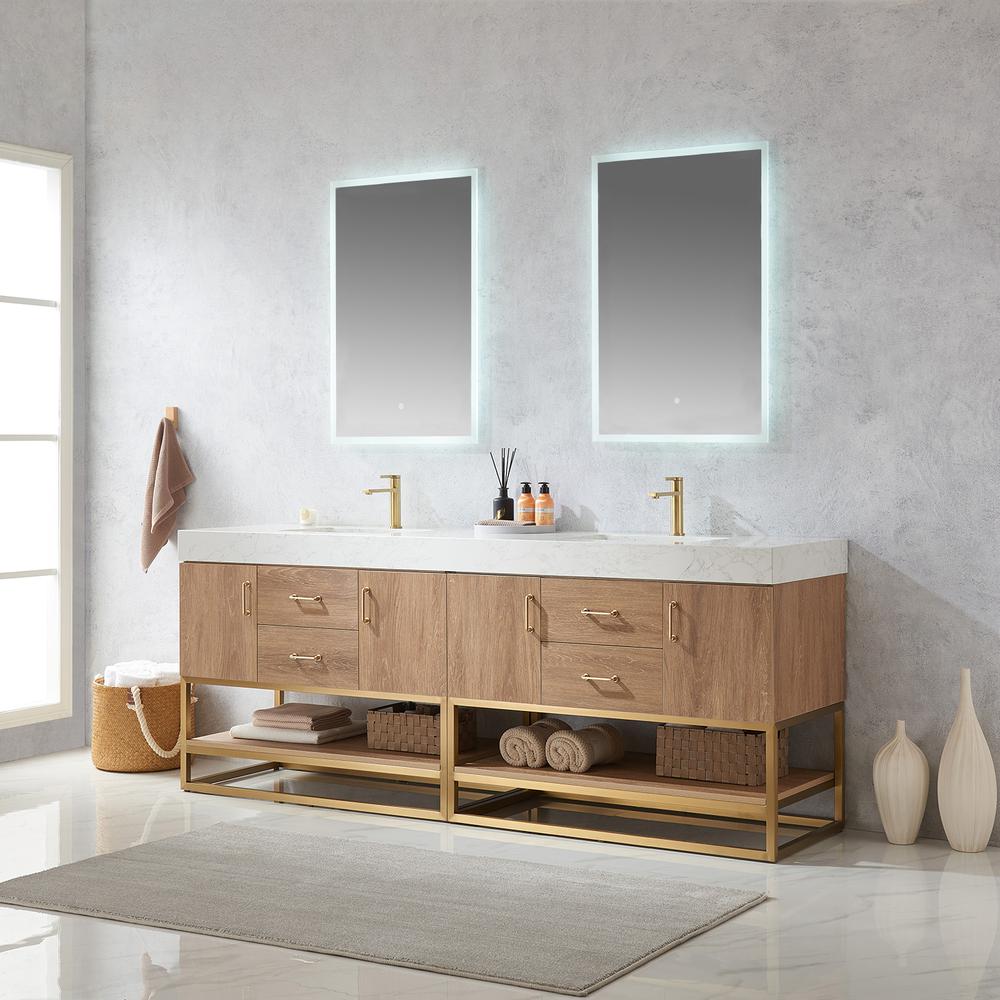 84" Double Sink Bath Vanity with White Grain Stone Countertop and Mirror. Picture 4