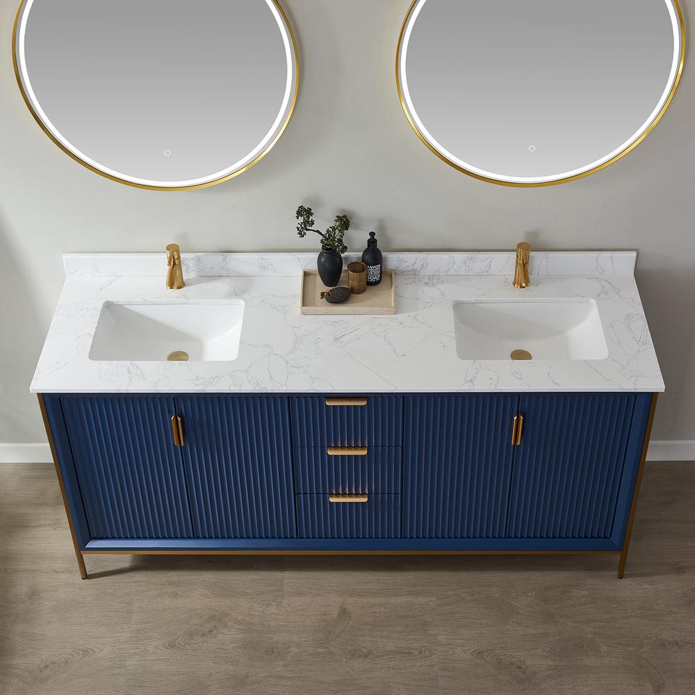 Vanity in Royal Blue with White Composite Grain Stone Countertop With Mirror. Picture 6