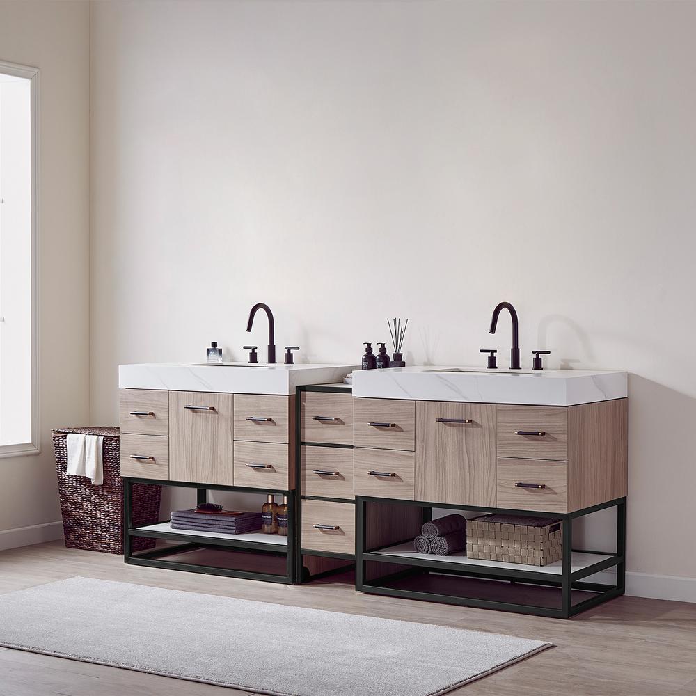 Toledo 84"Double Sink Bath Vanity in Light Walnut with White Sintered Stone Top. Picture 8