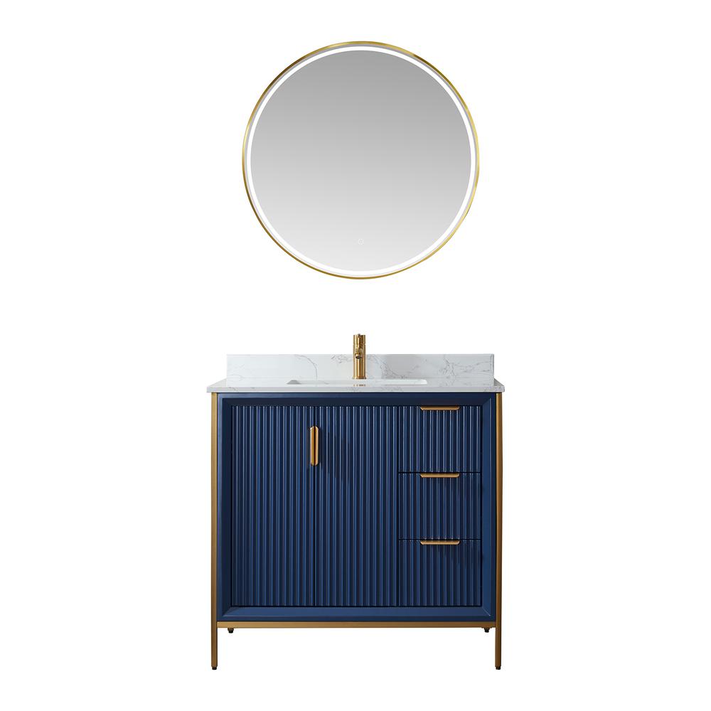 Vanity in Royal Blue with White Composite Grain Stone Countertop With Mirror. Picture 1