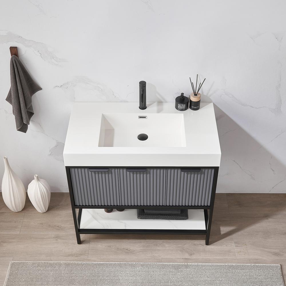 Single Sink Bath Vanity in Grey with One-Piece Composite Stone Sink Top. Picture 8