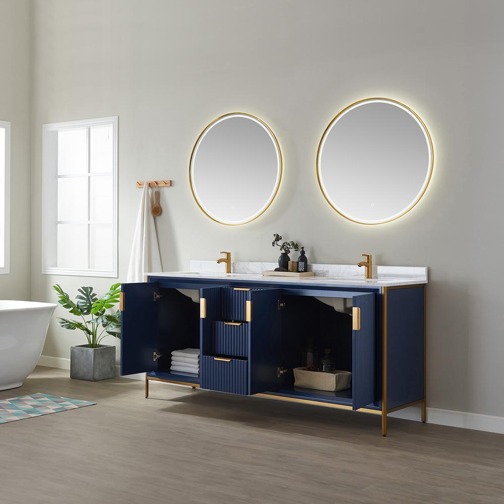 Vanity in Royal Blue with White Composite Grain Stone Countertop With Mirror. Picture 5