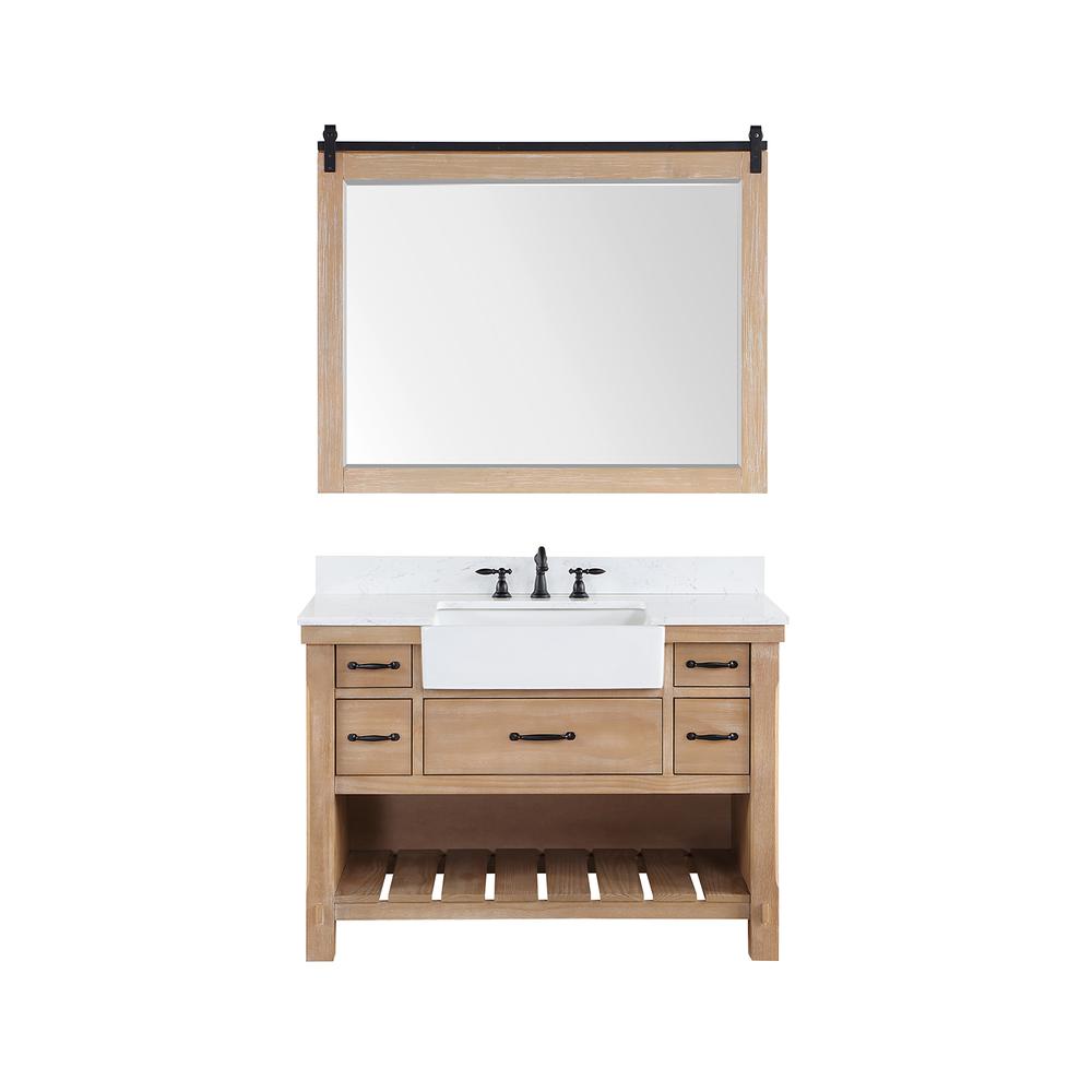 Single Bath Vanity with Composite Stone Top, White Farmhouse Basin and Mirror. Picture 1