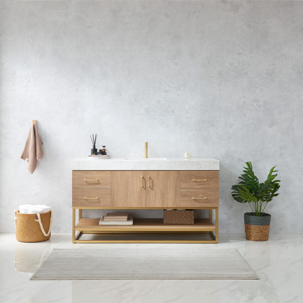 60" Single Sink Bath Vanity with White Grain Stone Countertop. Picture 11