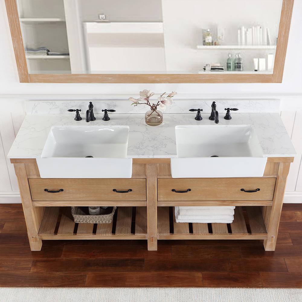 Double Bath Vanity with Composite Stone Top, White Farmhouse Basin and Mirror. Picture 7