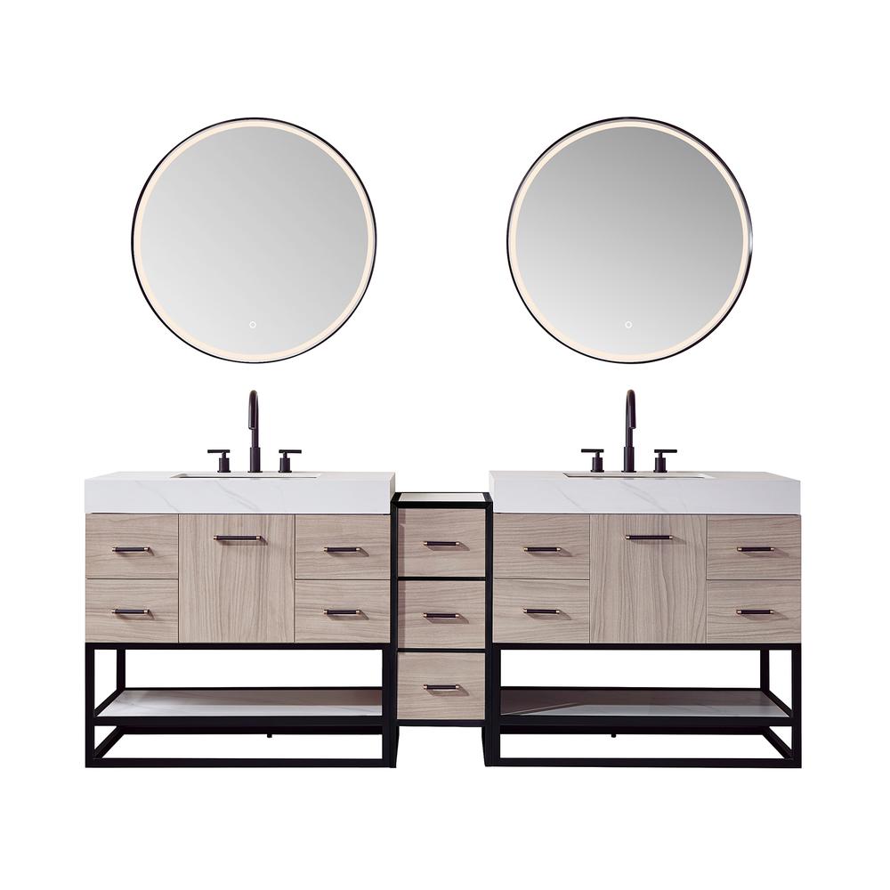 Double Sink Bath Vanity with White Sintered Stone Top and Mirror. Picture 1