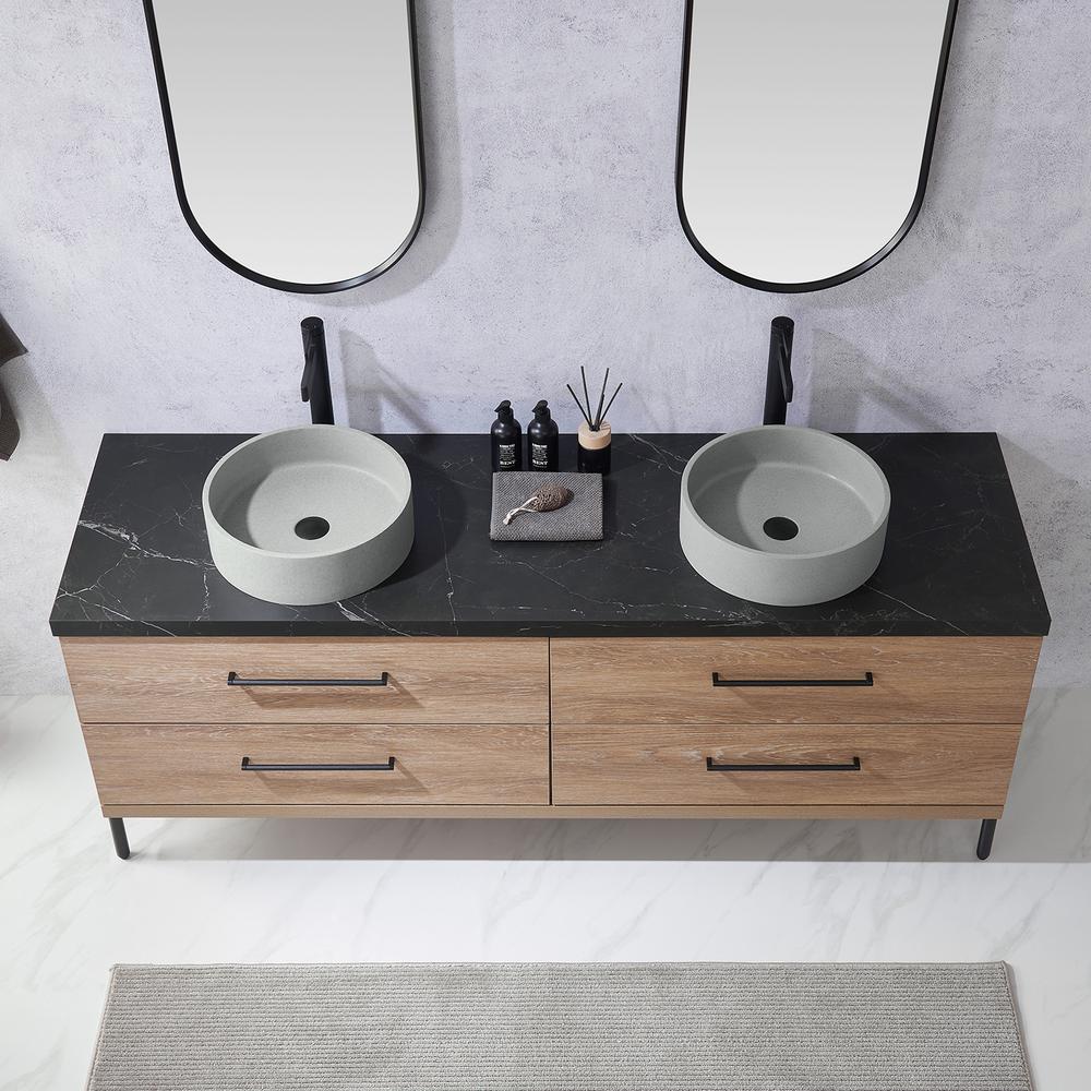 Double Sink Bath Vanity with Sintered Stone Top with Concrete Sink and Mirror. Picture 8