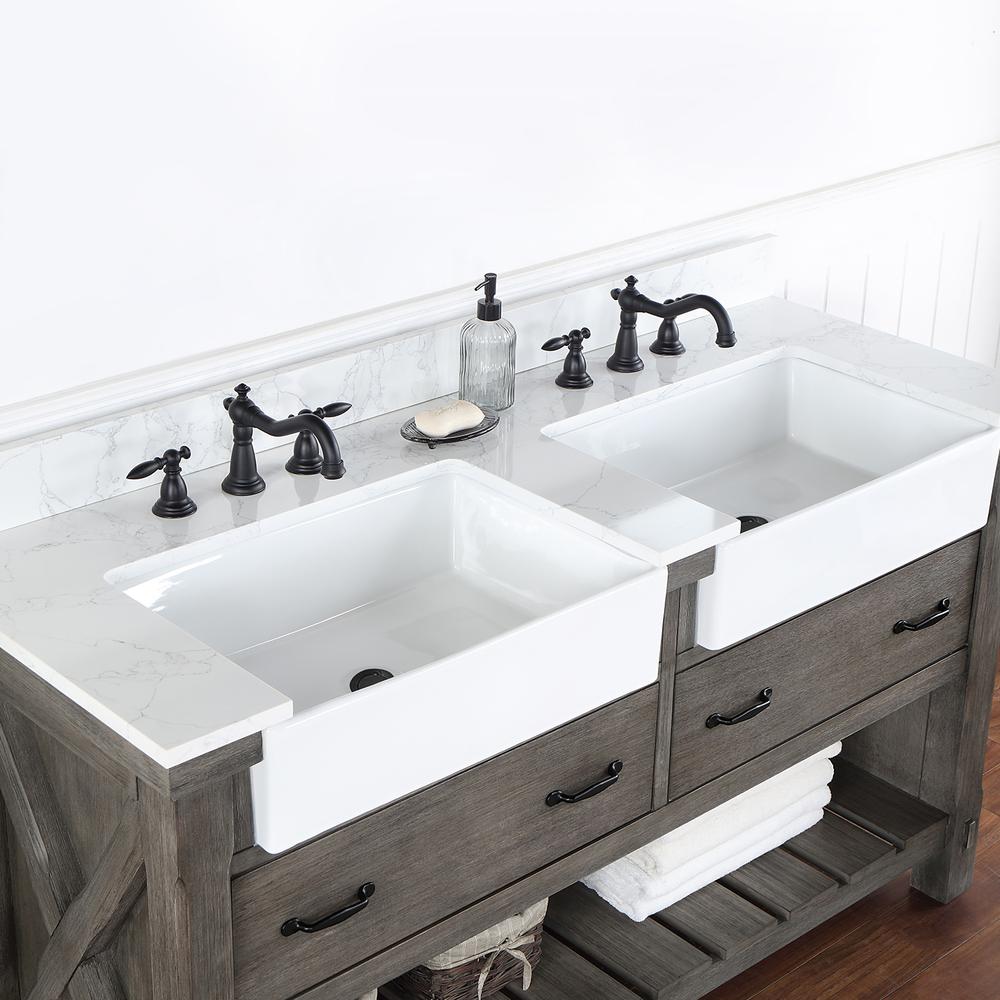 Double Bath Vanity with Composite Stone Top, White Farmhouse Basin. Picture 8