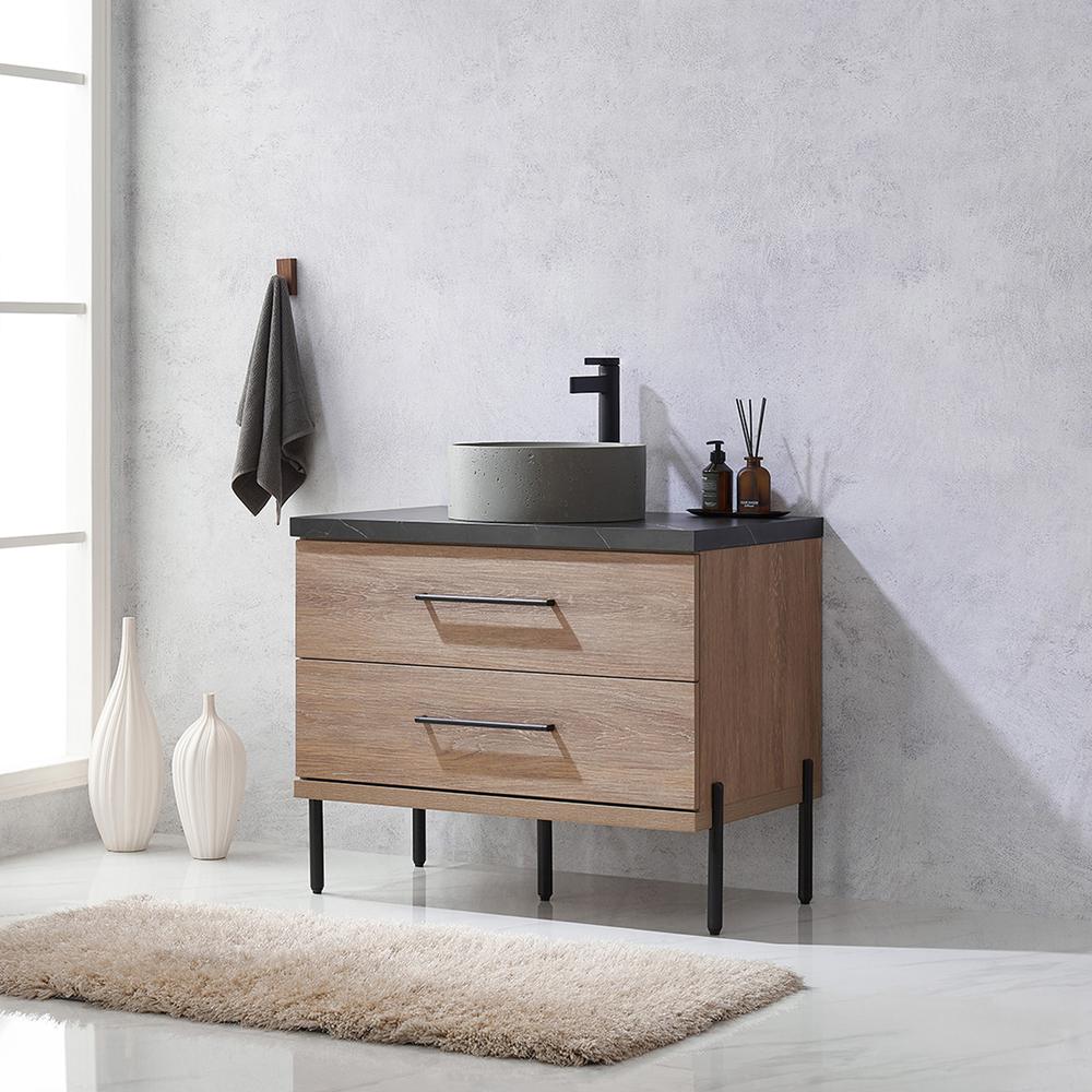 Single Sink Bath Vanity with Black Sintered Stone Top with Concrete Sink. Picture 5