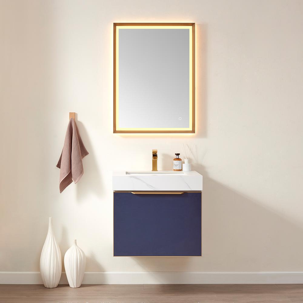 Single Sink Bath Vanity in Blue with White Sintered Stone Top and Mirror. Picture 7