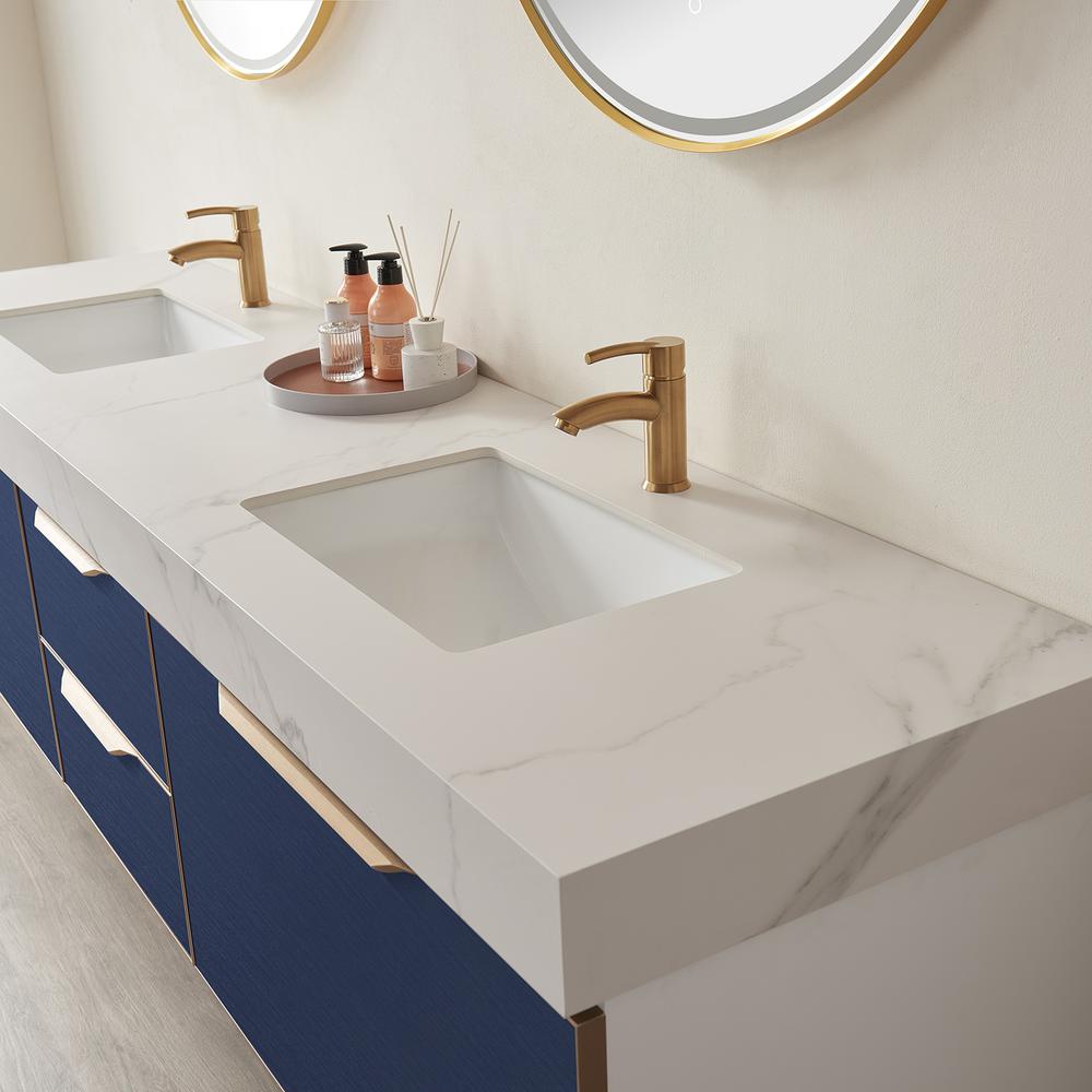 Double Sink Bath Vanity in Blue with White Sintered Stone Top and Mirror. Picture 8