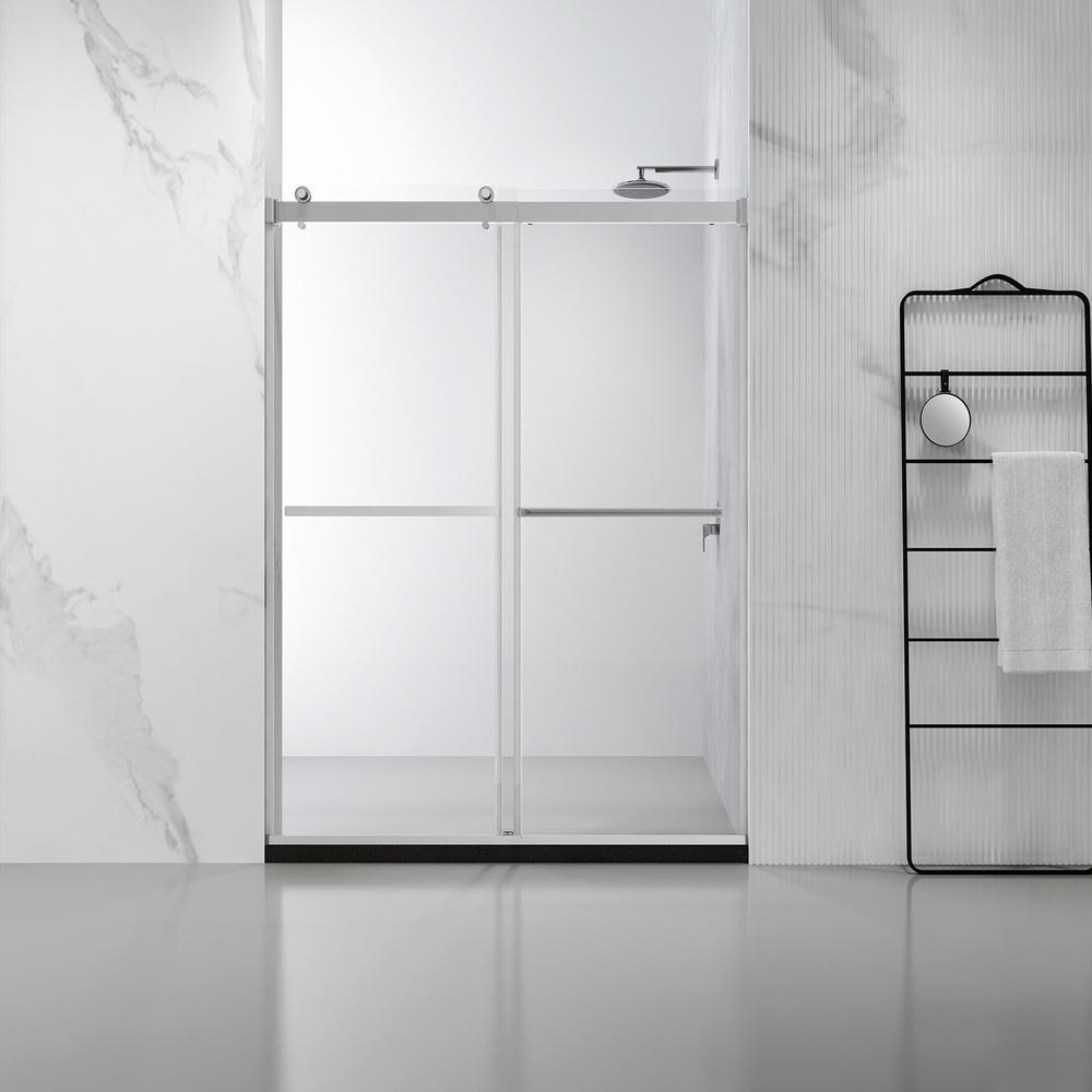 Spezia 56" W x 76" H Double Sliding Frameless Shower Door in Polished Chrome. Picture 2