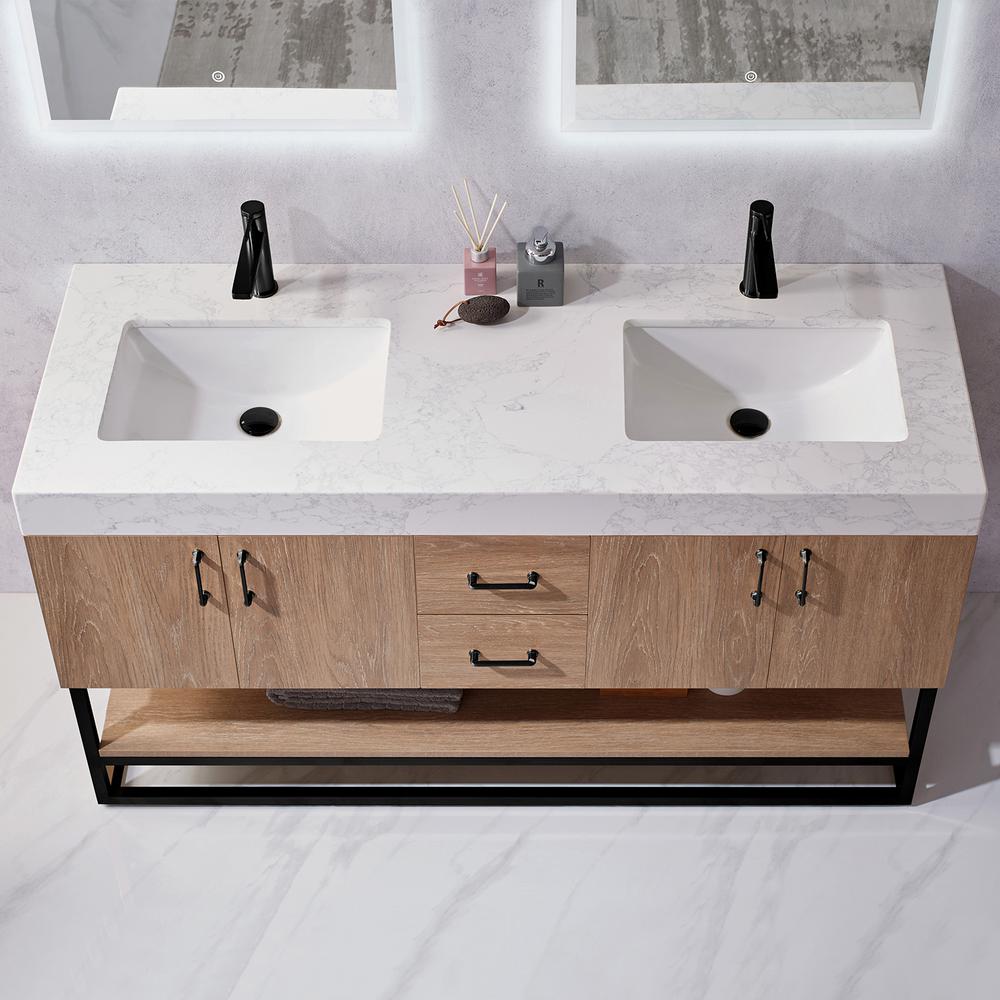60B" Double Vanity with White Grain Stone Countertop With Mirror. Picture 4
