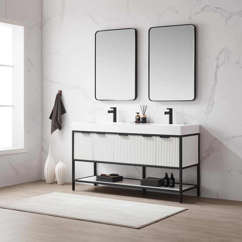 Double Sink Bath Vanity with One-Piece Composite Stone Sink Top and Mirror. Picture 5