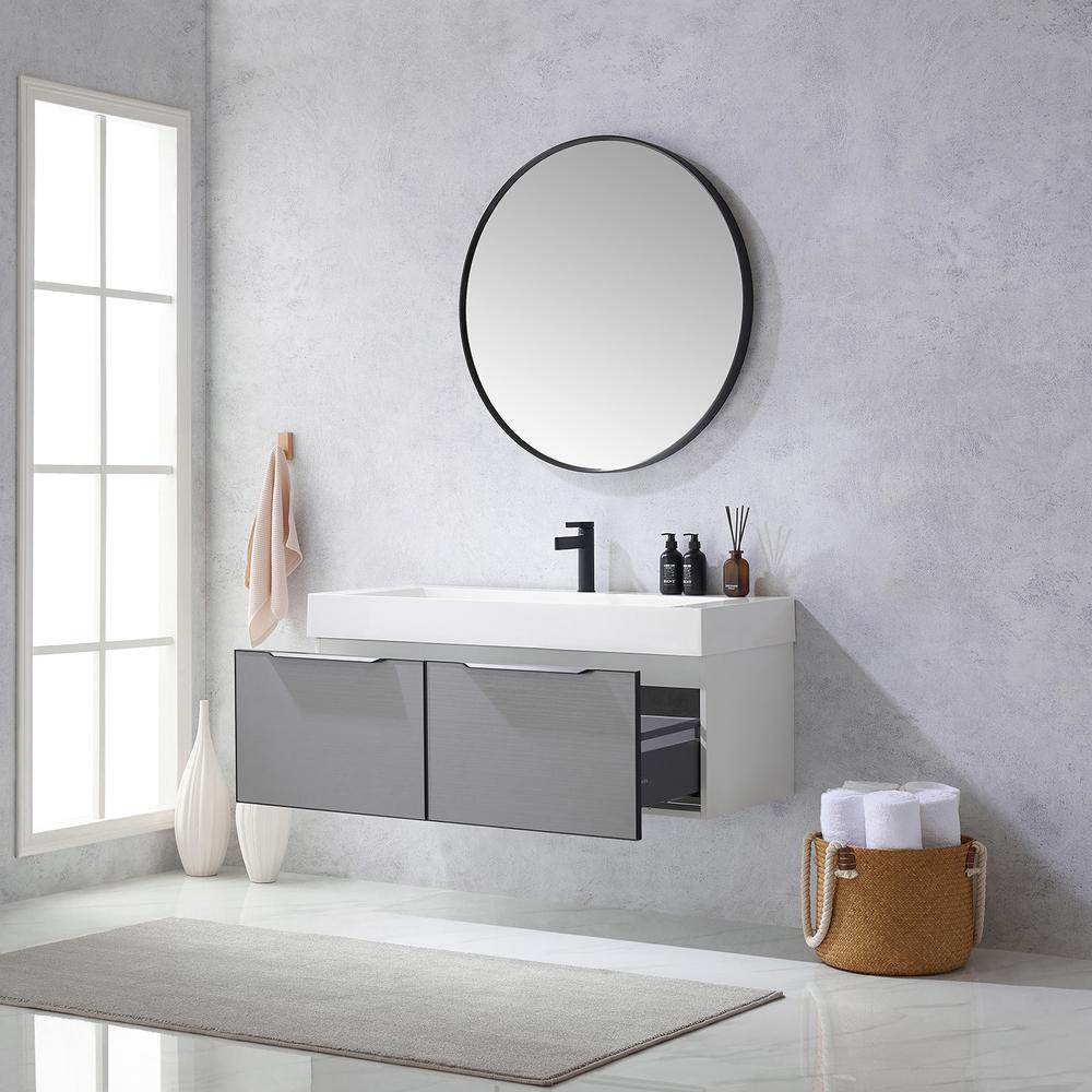 Single Sink Bath Vanity in Grey One-Piece Composite Stone Sink Top and Mirror. Picture 6