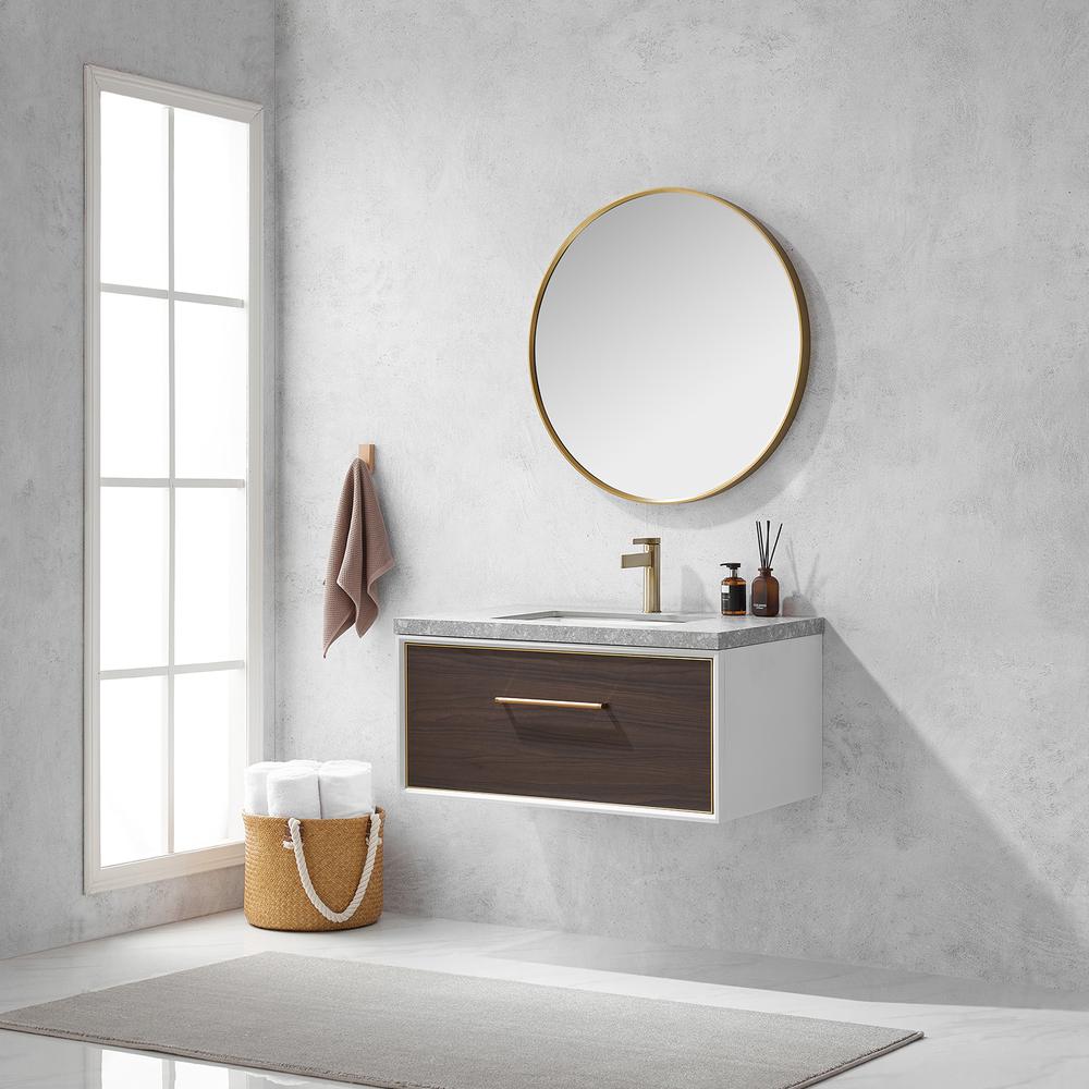 Single Sink Bath Vanity in Dark Walnut with Grey Sintered Stone Top and Mirror. Picture 8