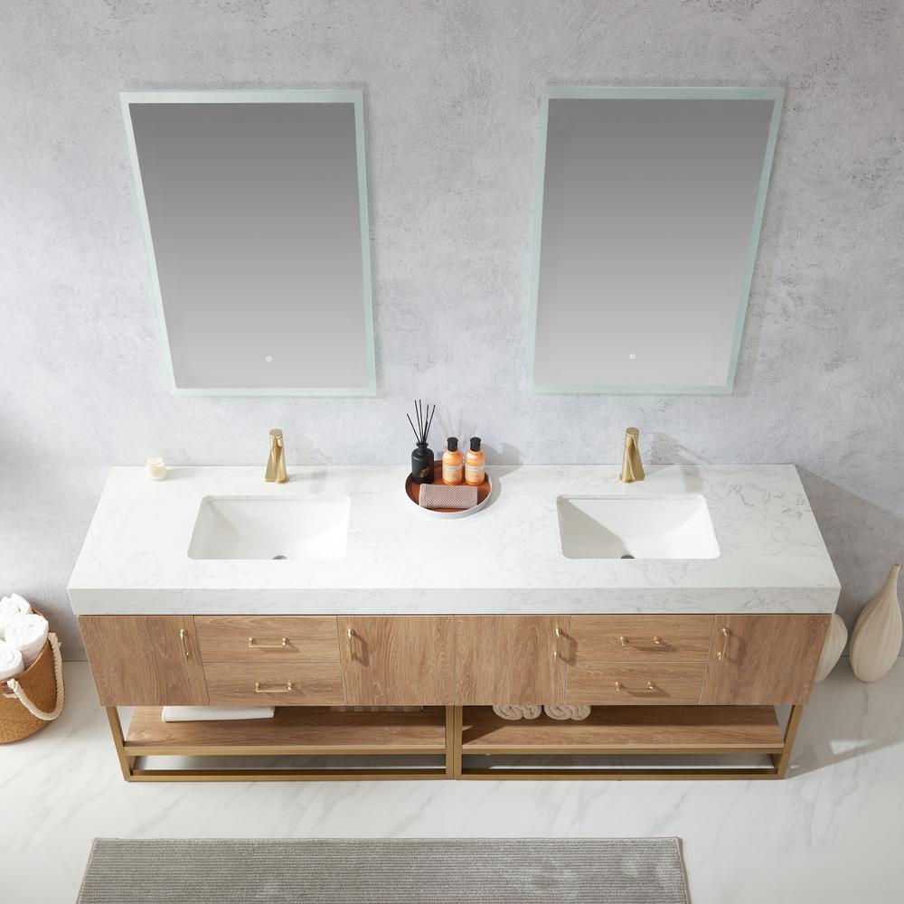 84" Double Sink Bath Vanity with White Grain Stone Countertop and Mirror. Picture 5