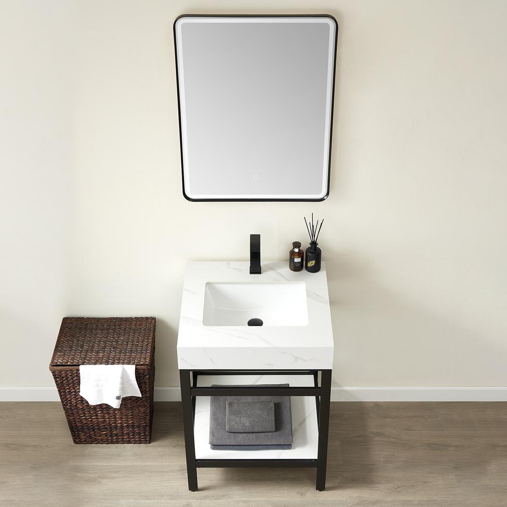 Single Sink Bath Vanity Metal Support with White Sintered Stone Top and Mirror. Picture 5