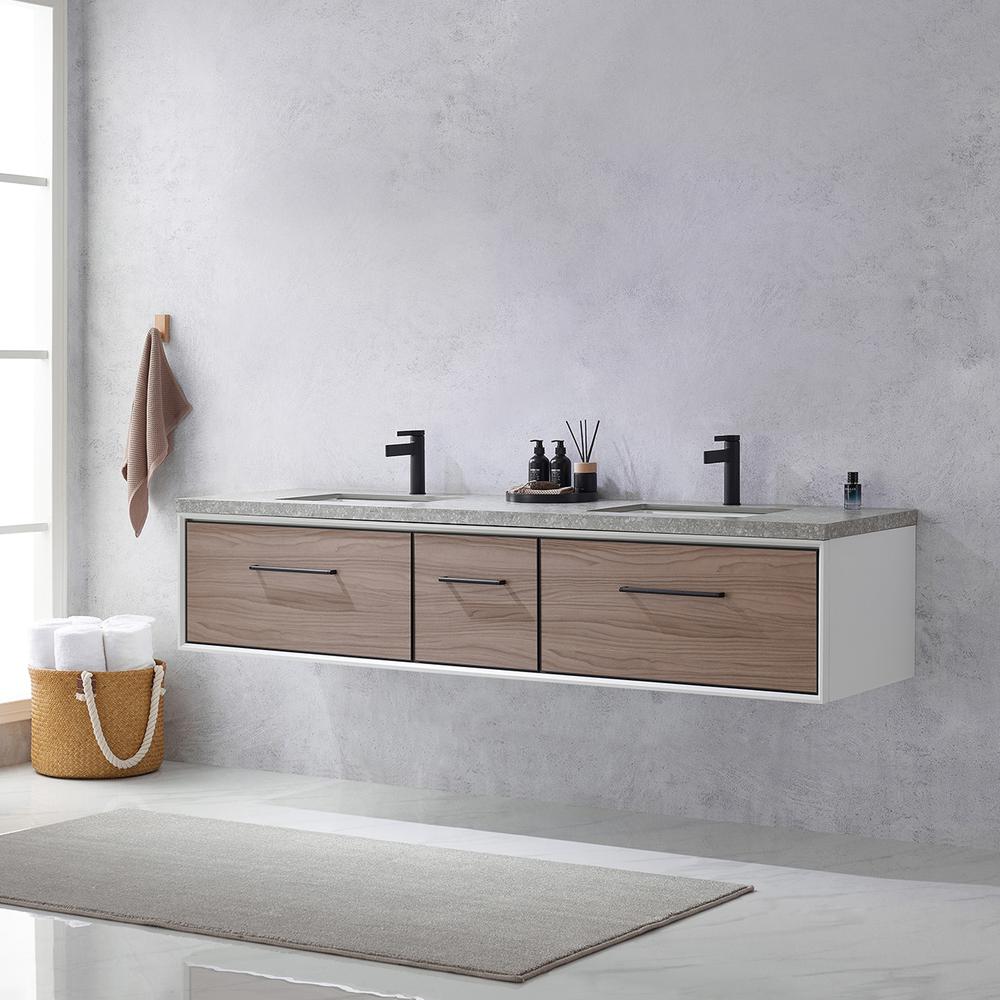 Double Sink Bath Vanity in Light Walnut with Grey Sintered Stone Top. Picture 5