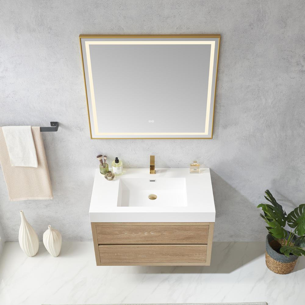 Single Sink Wall-Mount Bath Vanity Composite Integral Square Sink Top, Mirror. Picture 5
