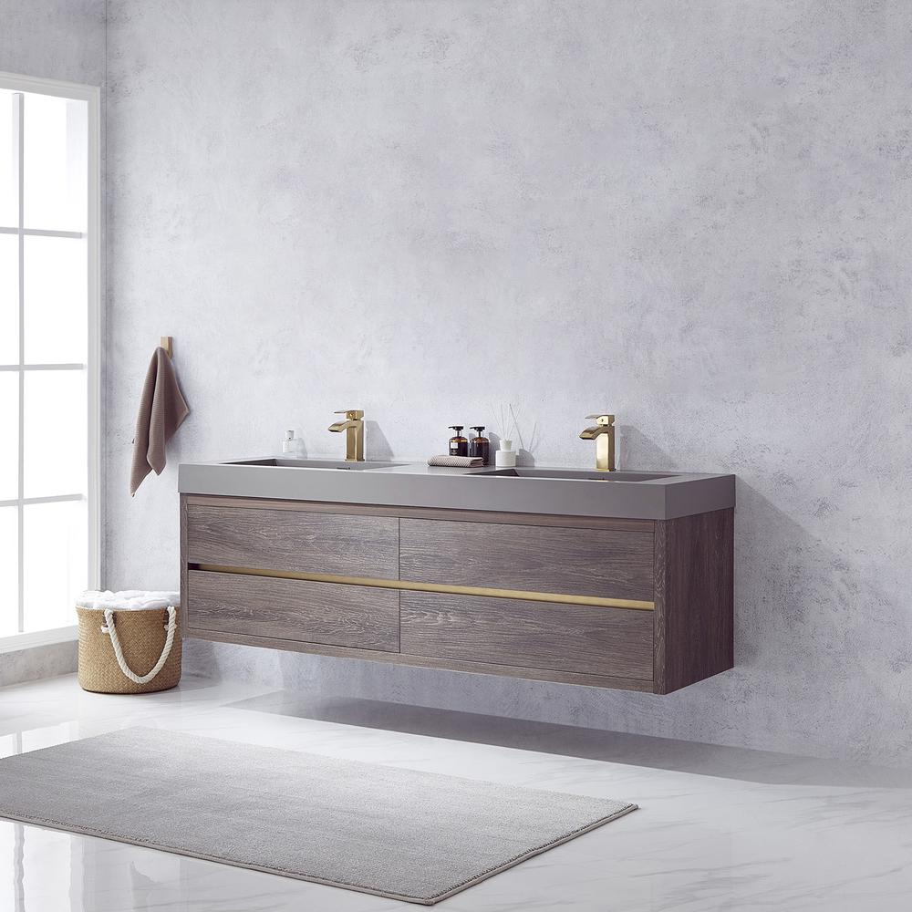 Double Sink Wall-Mount Bath Vanity with Grey Composite Integral Square Sink Top. Picture 9