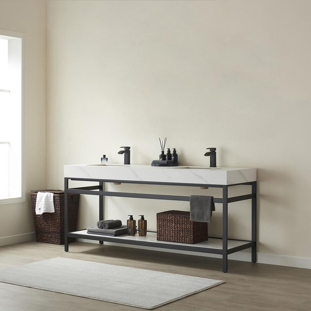 Double Sink Bath Vanity Metal Support with White Sintered Stone Top. Picture 5